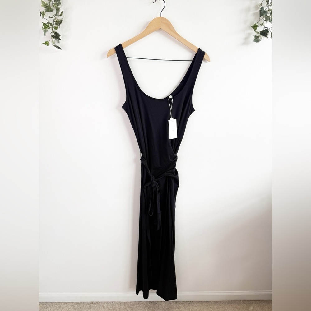 NEW VINCE Black Pima Cotton Stretch Midi Tie Dress Size Medium - Picture 2 of 6